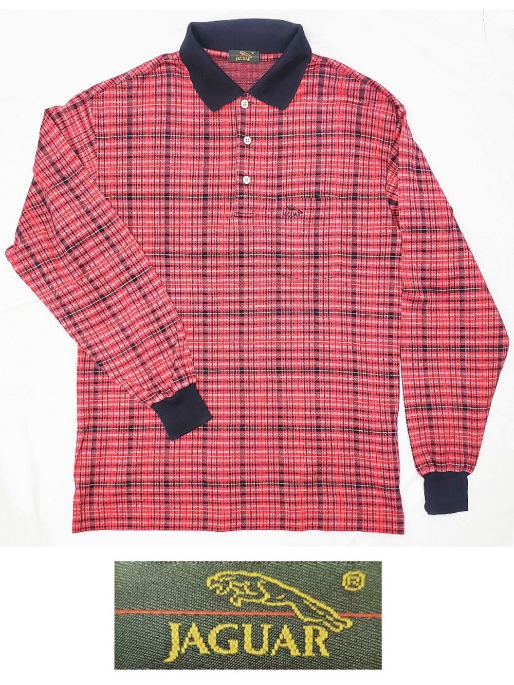 Vintage Jaguar Men''s Car 1/4 Button Polo Shirt Long Sleeve Pink Blue Plaid M L